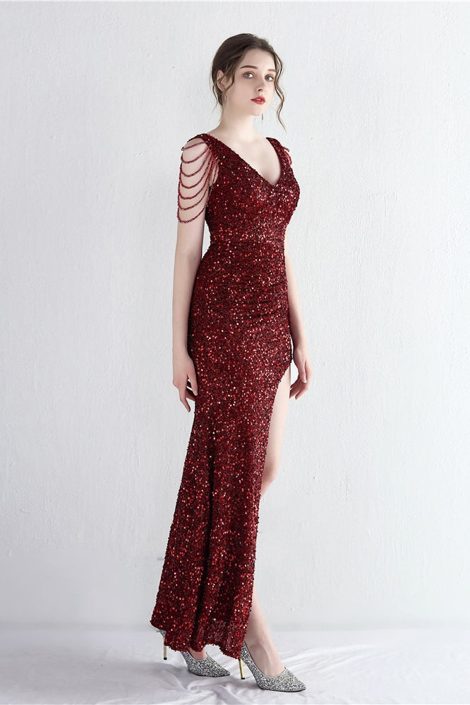 Sequin V-Neck Beaded Fringe High Split Mermaid Gown - View 13