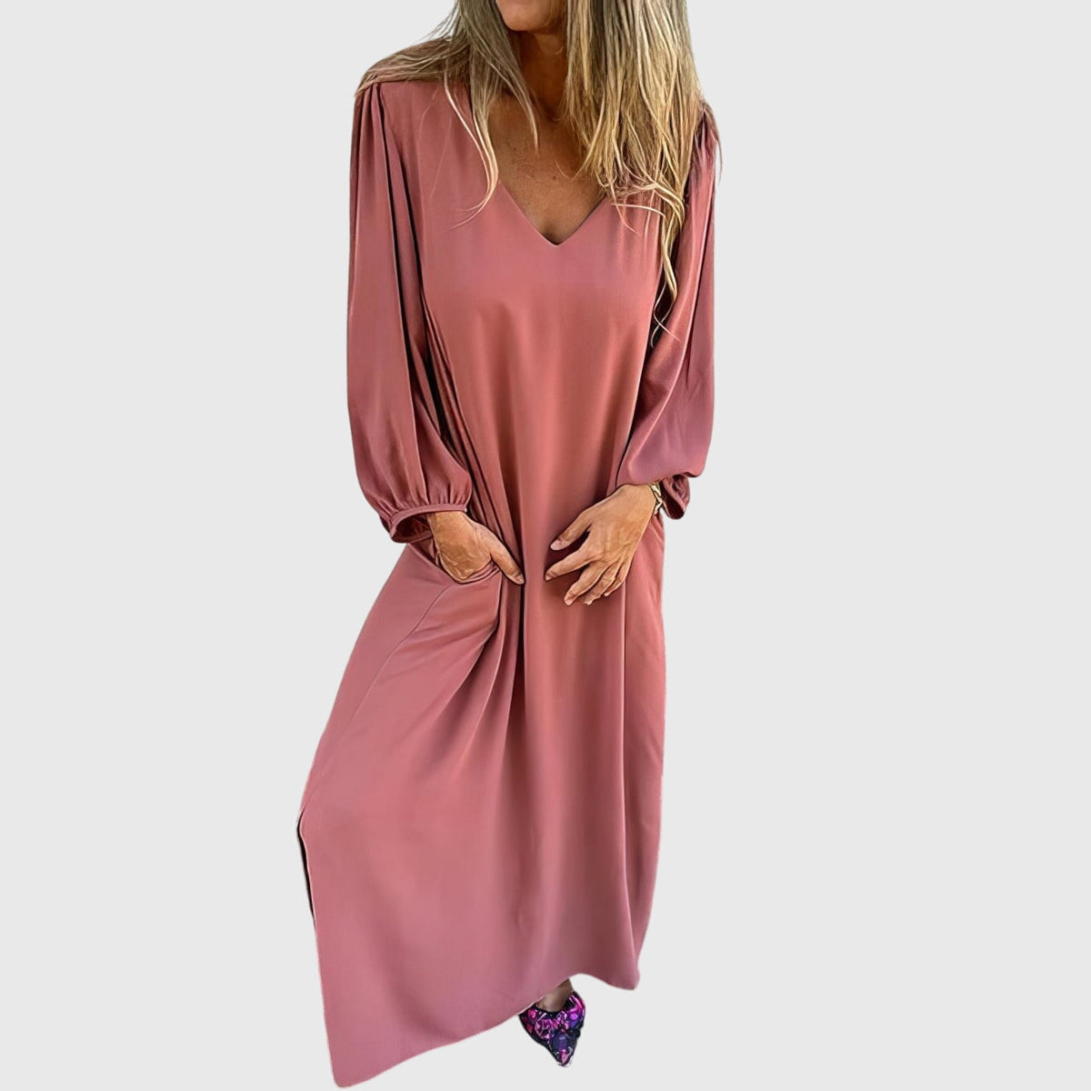 Satin V-Neck Lantern Sleeve Side Split Maxi Dress 2