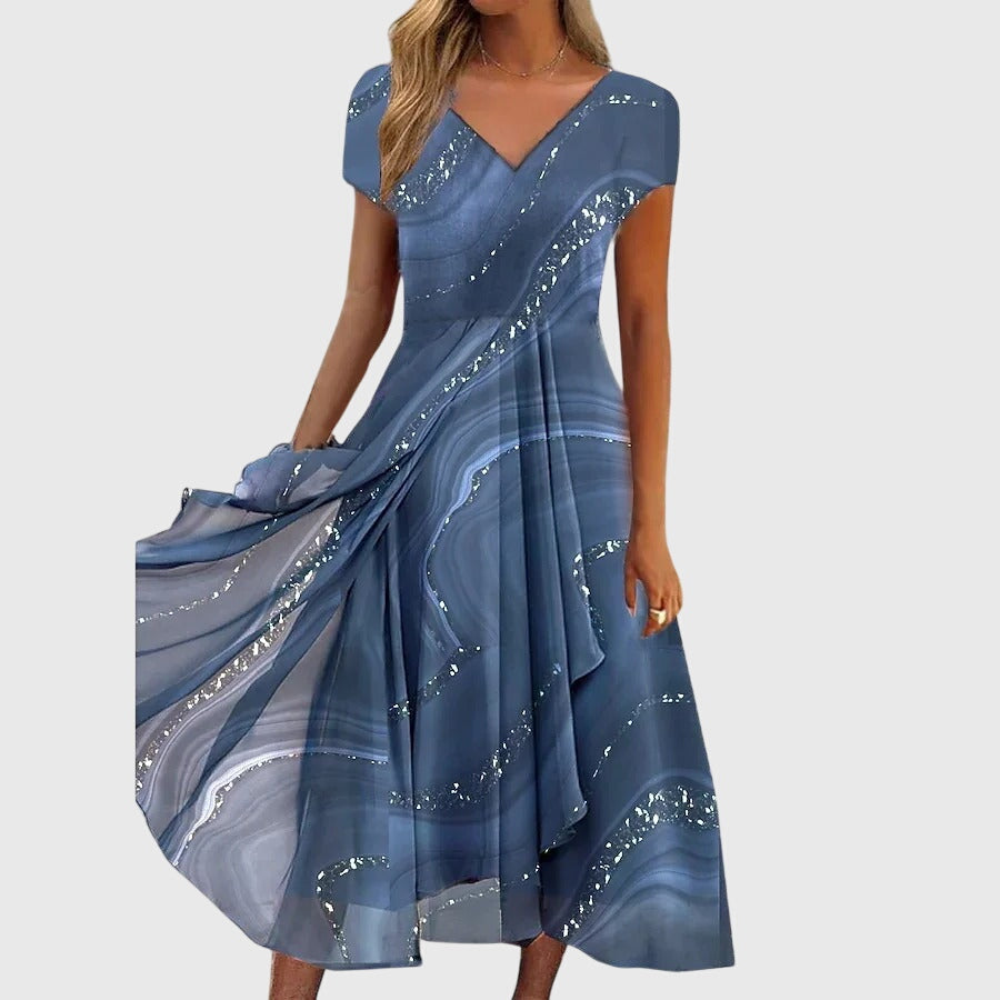Marble Print V-Neck Cap Sleeve Chiffon Maxi Dress 2