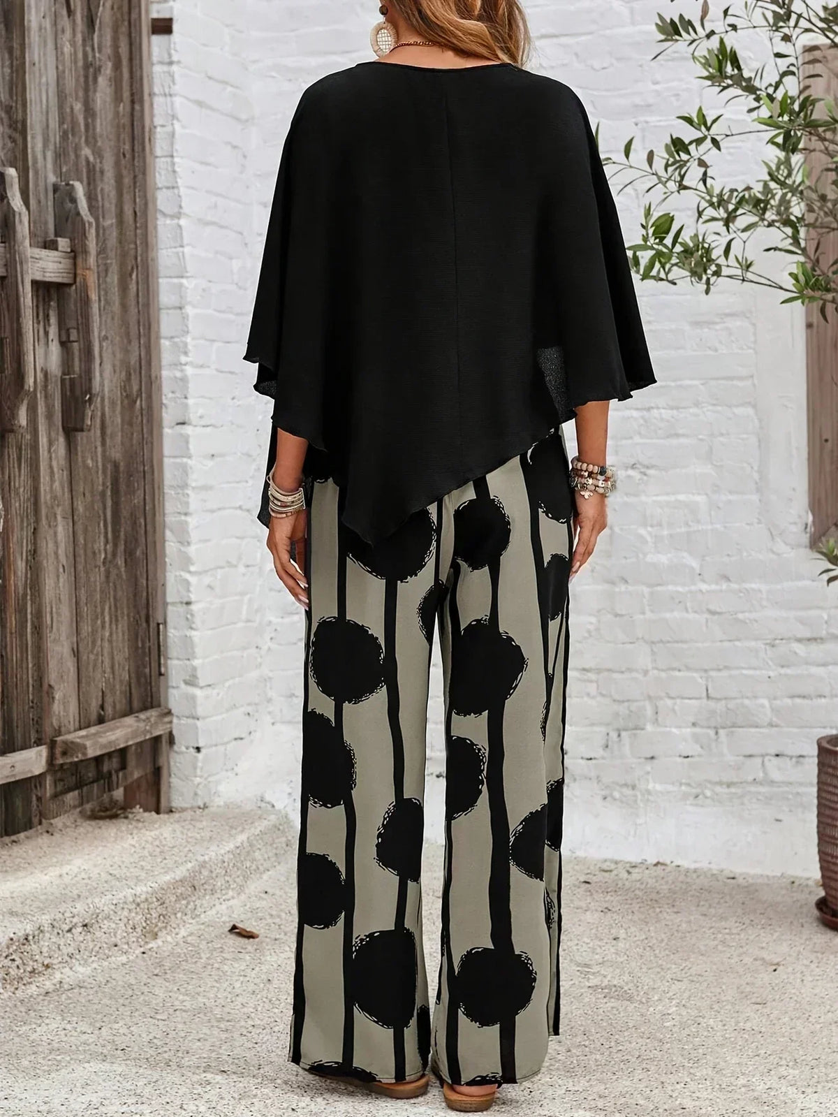 Batwing Top and Abstract Print Wide Leg Pants Two Piece Set 3