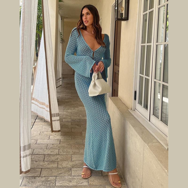Crochet Deep V-Neck Bell Sleeve Fitted Maxi Dress - View 9