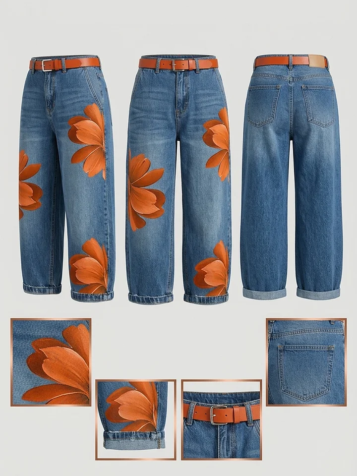 Long Sleeve Duster Shirt and Floral Wide Leg Jeans Two Piece Set 10