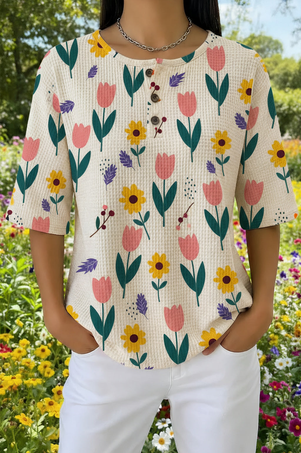 Floral Tulip Print Waffle Knit Short Sleeve Henley Top