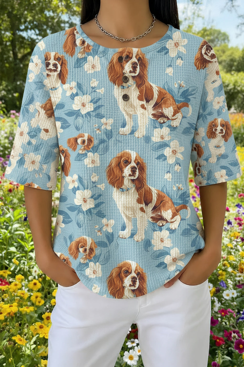 Spaniel Dog Floral Print Short Sleeve Waffle Top