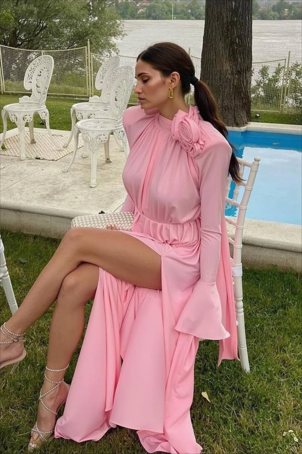 High Neck Long Sleeve 3D Floral Pleated High Split Maxi Dress - View 2
