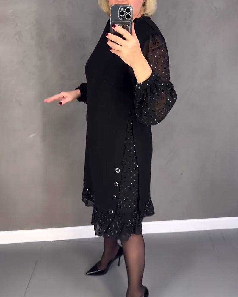 Round Neck Sheer Dot Sleeve Ruffle Hem Shift Midi Dress 2