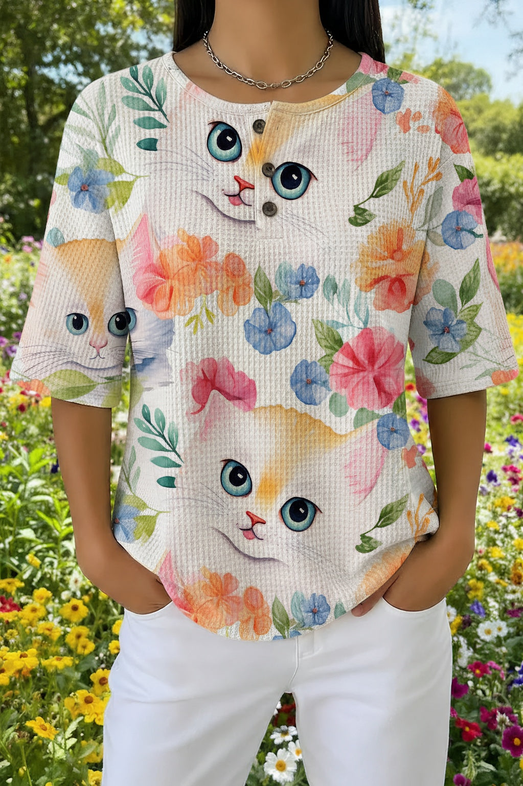 Watercolor Cat and Floral Print Waffle Knit Henley Top