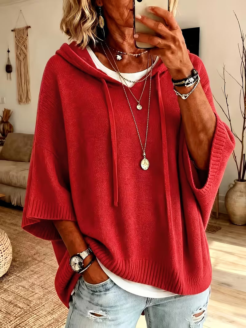 Hooded Drawstring Oversized Knit Poncho Sweater 10