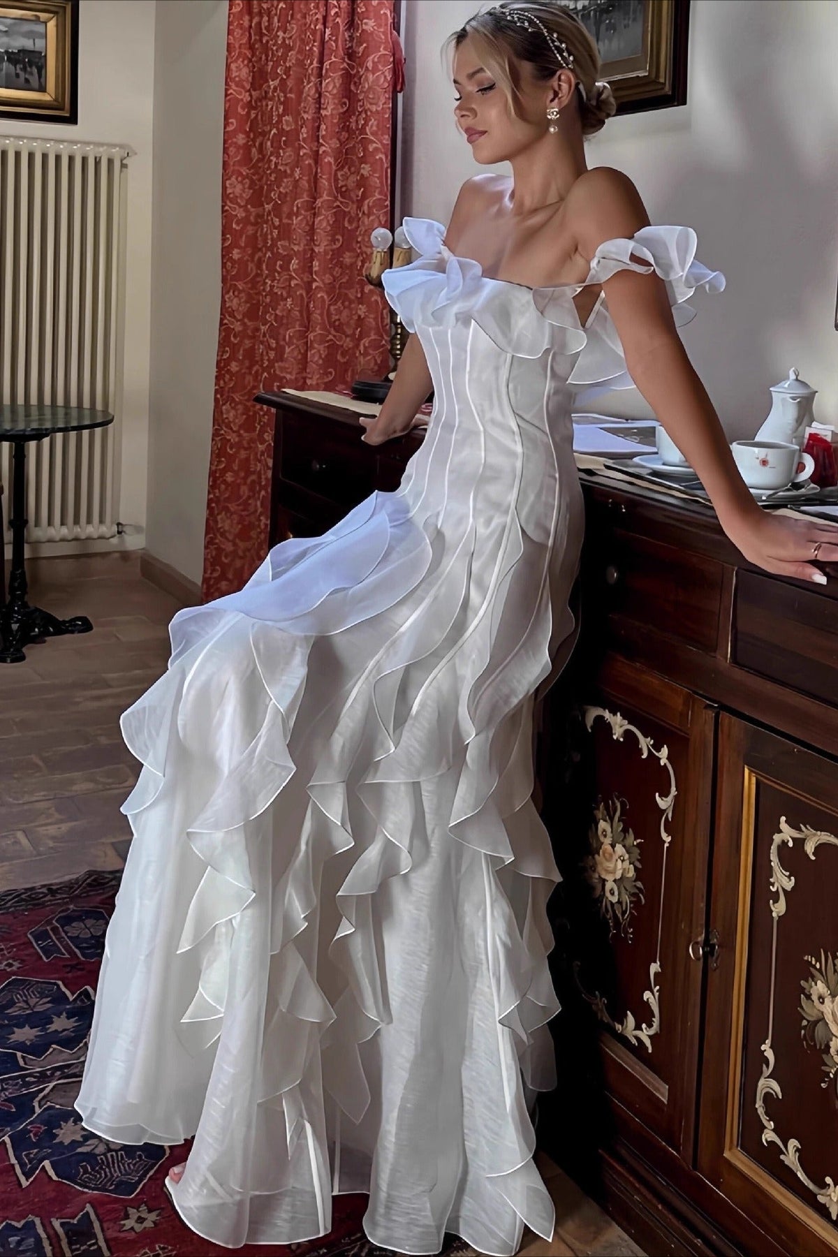Off Shoulder Ruffle Trim Paneled Bodice Cascading Maxi Gown - View 2
