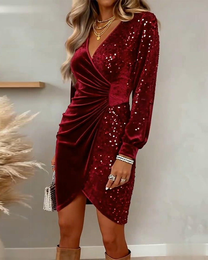 Velvet Sequin V-Neck Long Sleeve Ruched Wrap Mini Dress 3