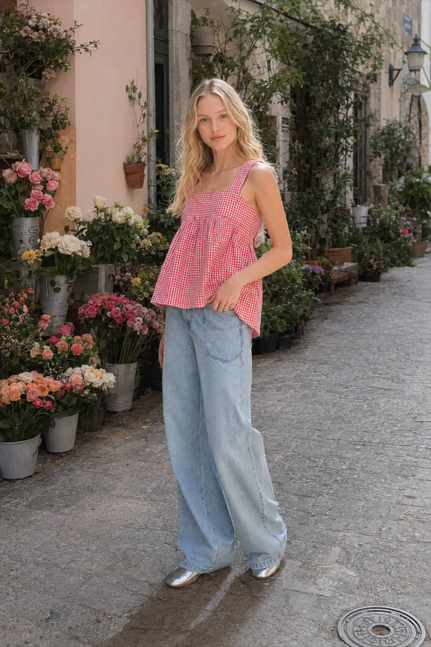Checkered Back Tie Tank Top