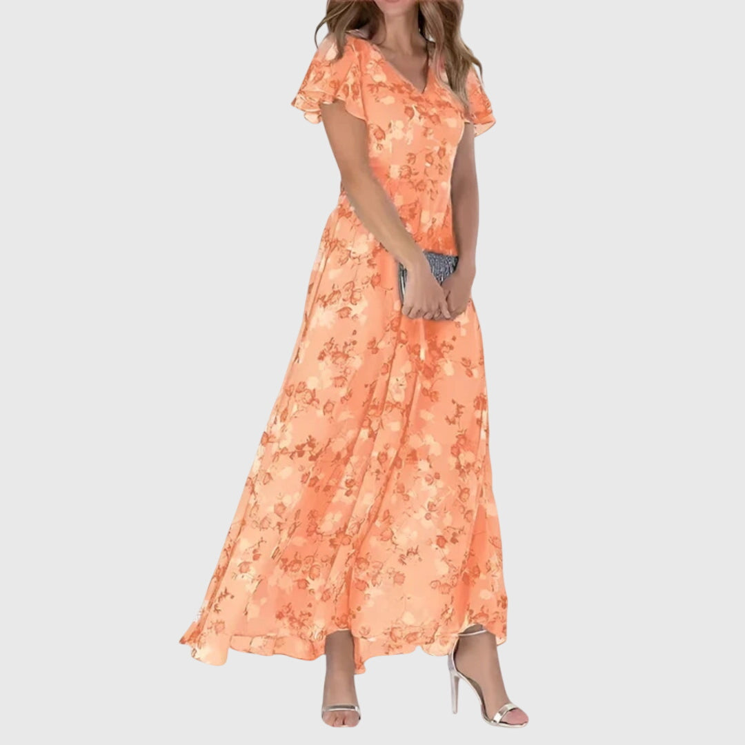 Floral V-Neck Flutter Sleeve A-Line Maxi Dress 2