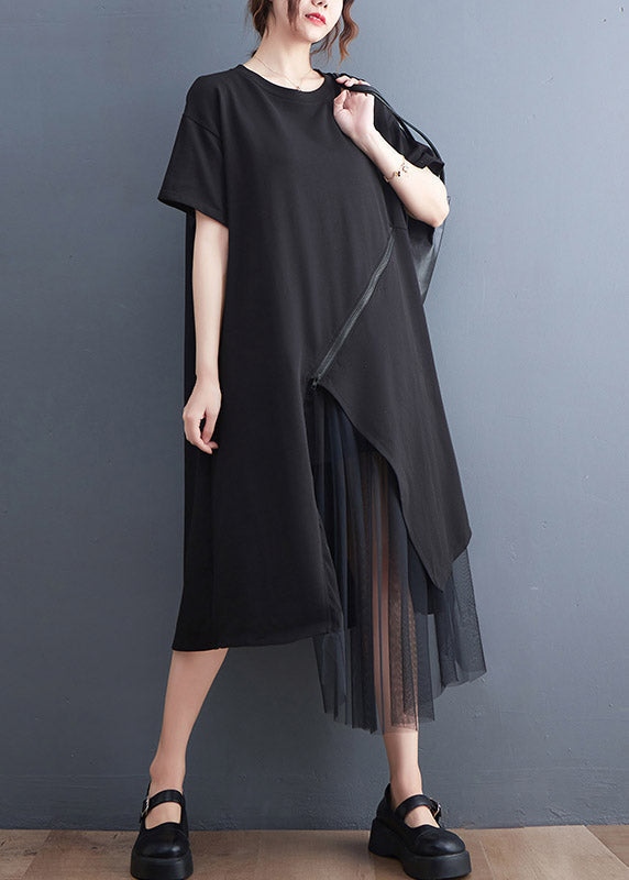 Diagonal Zip Mesh Layer Asymmetrical Hem Short Sleeve Midi Dress - View 2