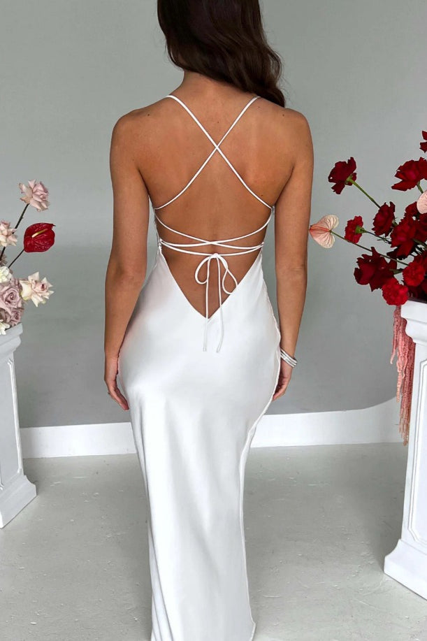 Satin Scoop Neck Spaghetti Strap Lace Up Back Bias Cut Slip Maxi Dress - View 14