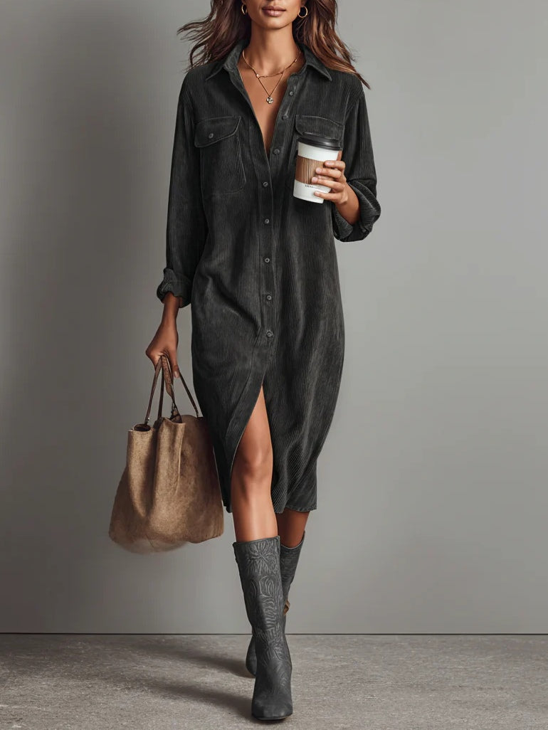Corduroy Button Front Collared Long Sleeve Midi Shirt Dress 10