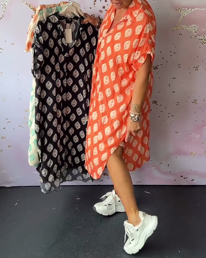 Geometric Print Short Sleeve Lapel Collar Midi Shirt Dress - View 2