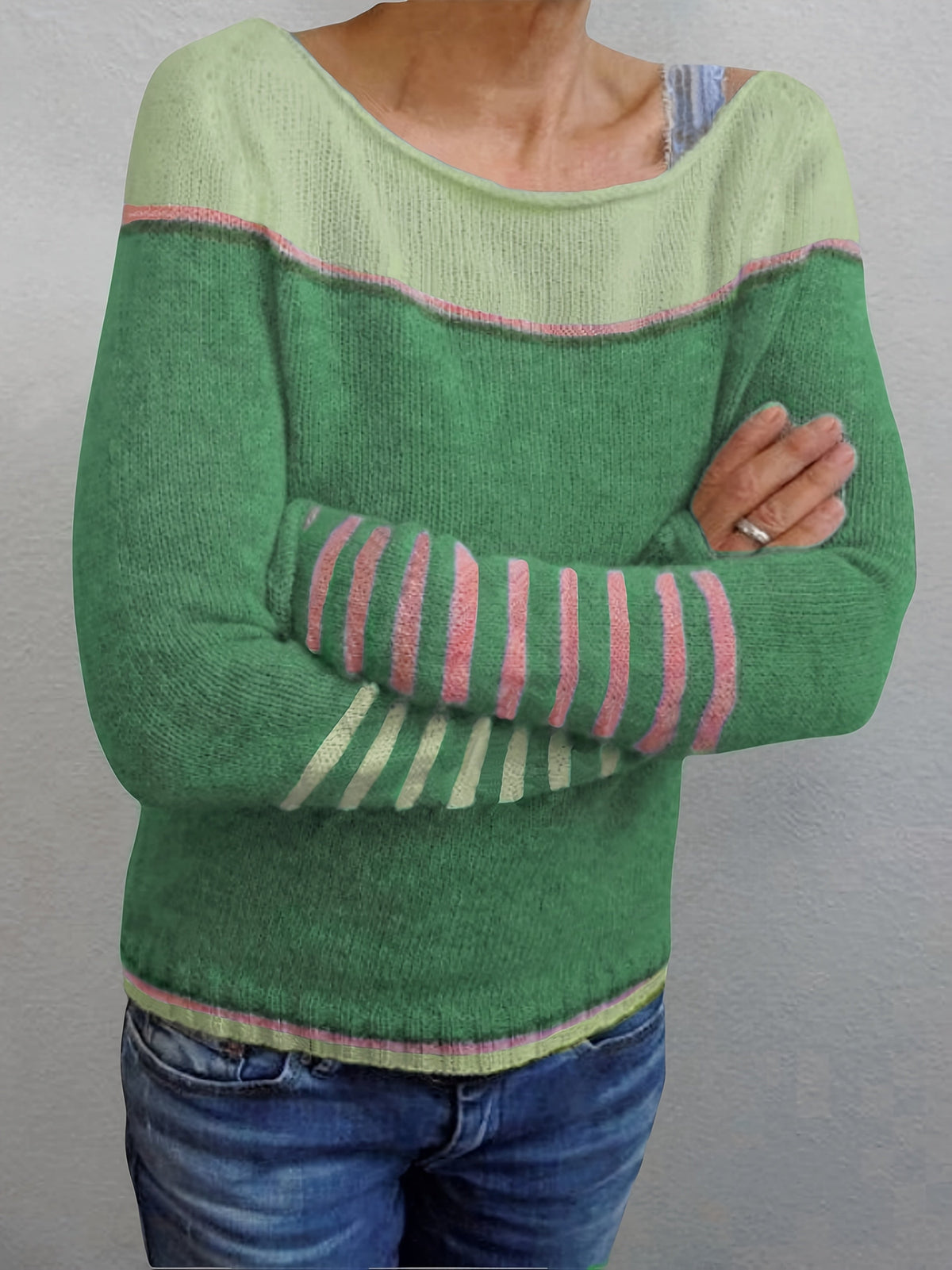 Boat Neck Long Sleeve Striped Lightweight Knit Sweater 6