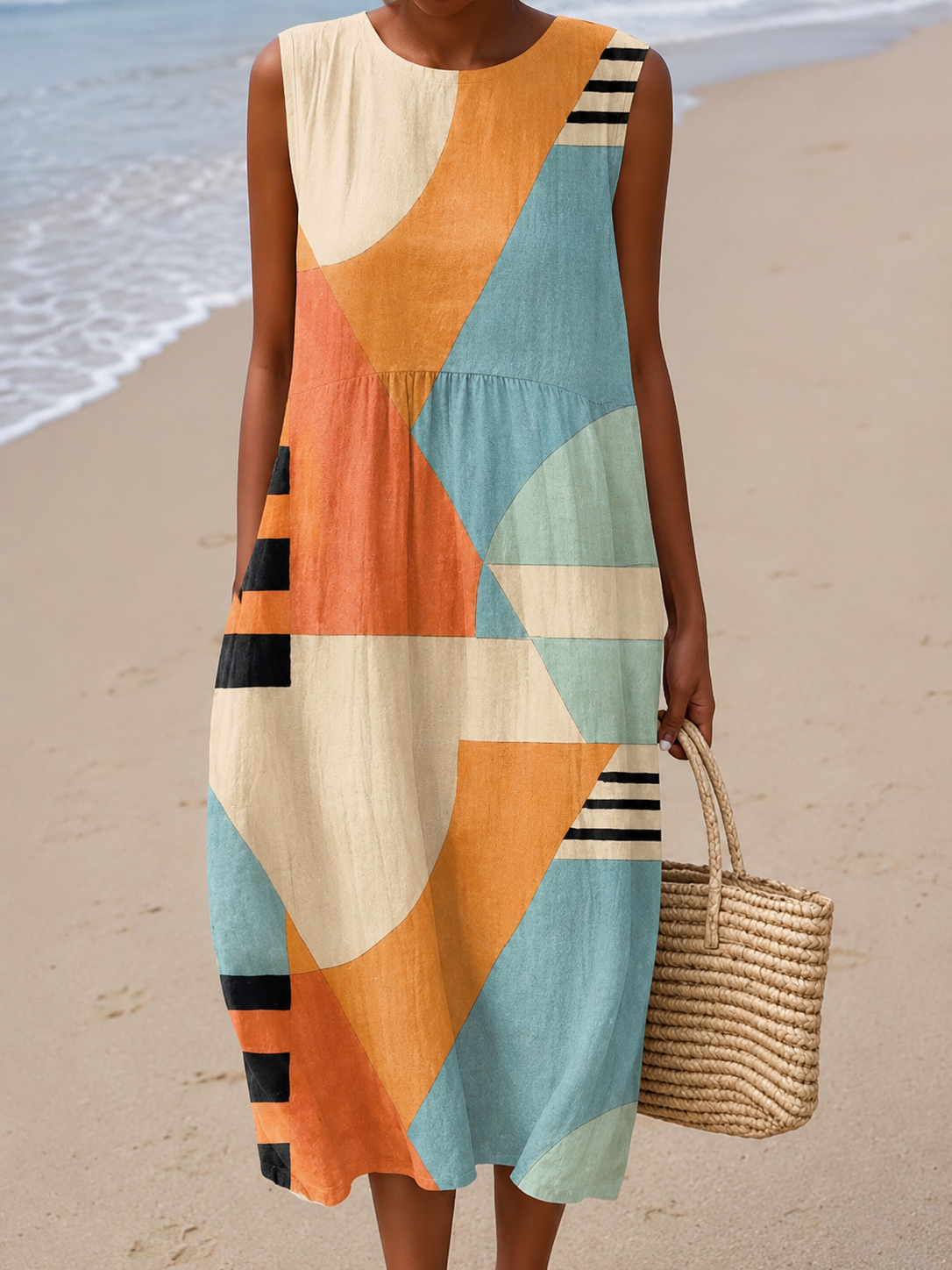 Geometric Print Scoop Neck Sleeveless Midi Dress 2