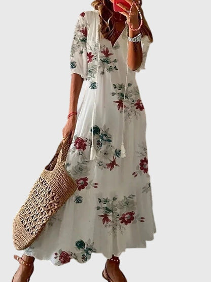 Ikat Print Tassel Tie V-Neck Tiered Boho Maxi Dress 6