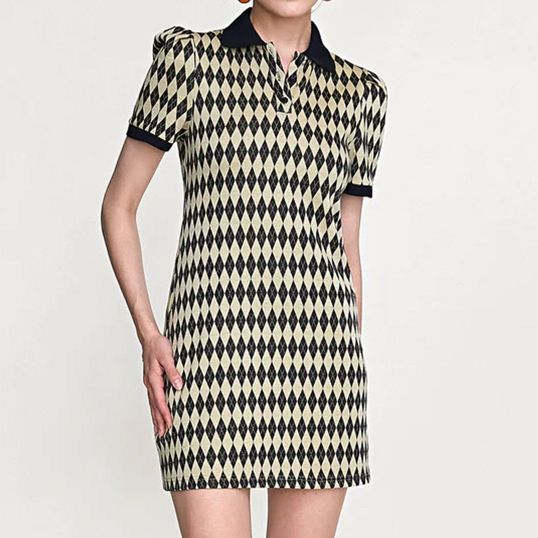 Argyle Knit Polo Collar Puff Sleeve Contrast Trim Mini Dress - View 11