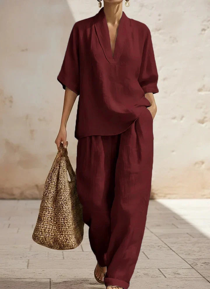 Deep V-Neck Short Sleeve Top and Wide Leg Pants Two Piece Set 4