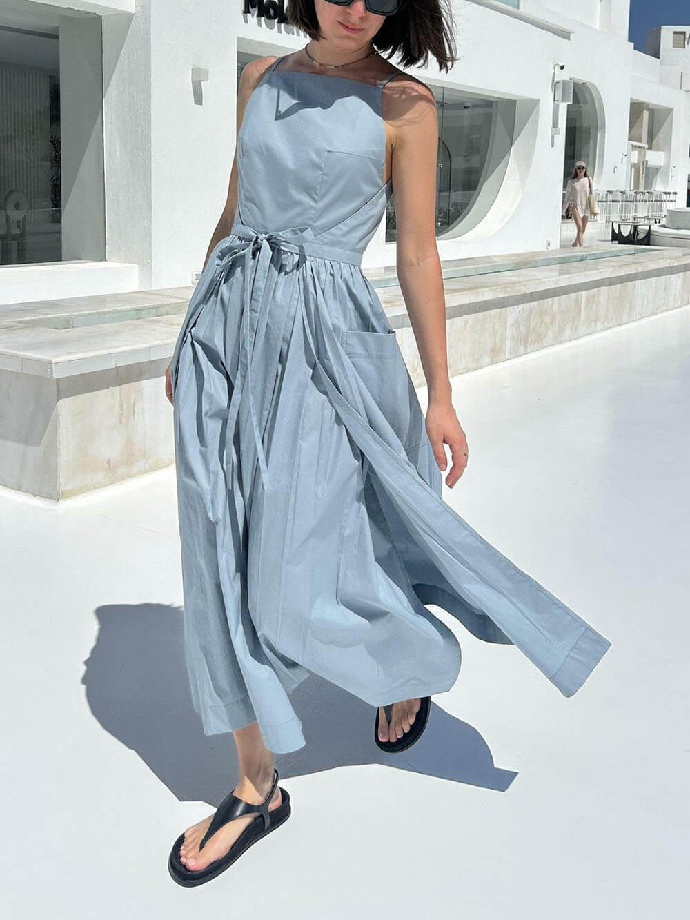 Spaghetti Strap Square Neck Tie Belt Side Pocket Maxi Dress - View 13