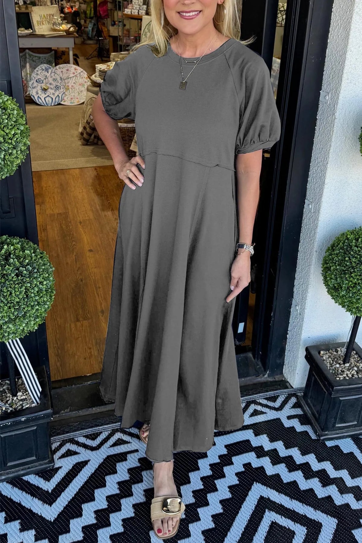 Round Neck Puff Sleeve Fit and Flare Midi Dress 10