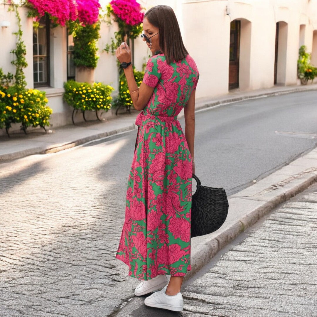 Floral Print V-Neck Short Sleeve Belted Wrap Midi Dress 6