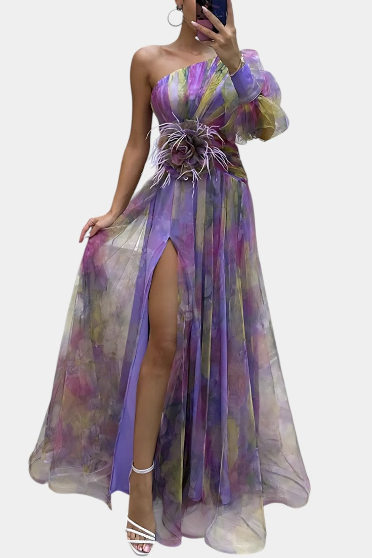 Floral One Shoulder Long Sleeve High Split Maxi Gown 3