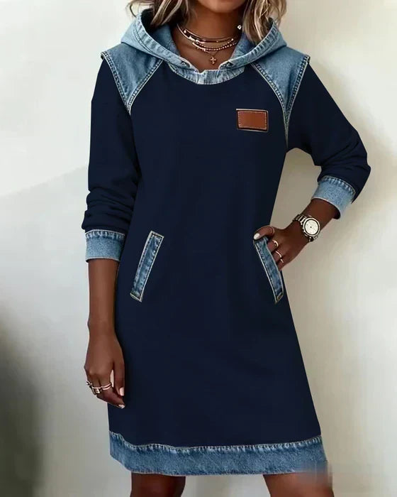 Hooded Denim Contrast Long Sleeve Sweatshirt Dress 13