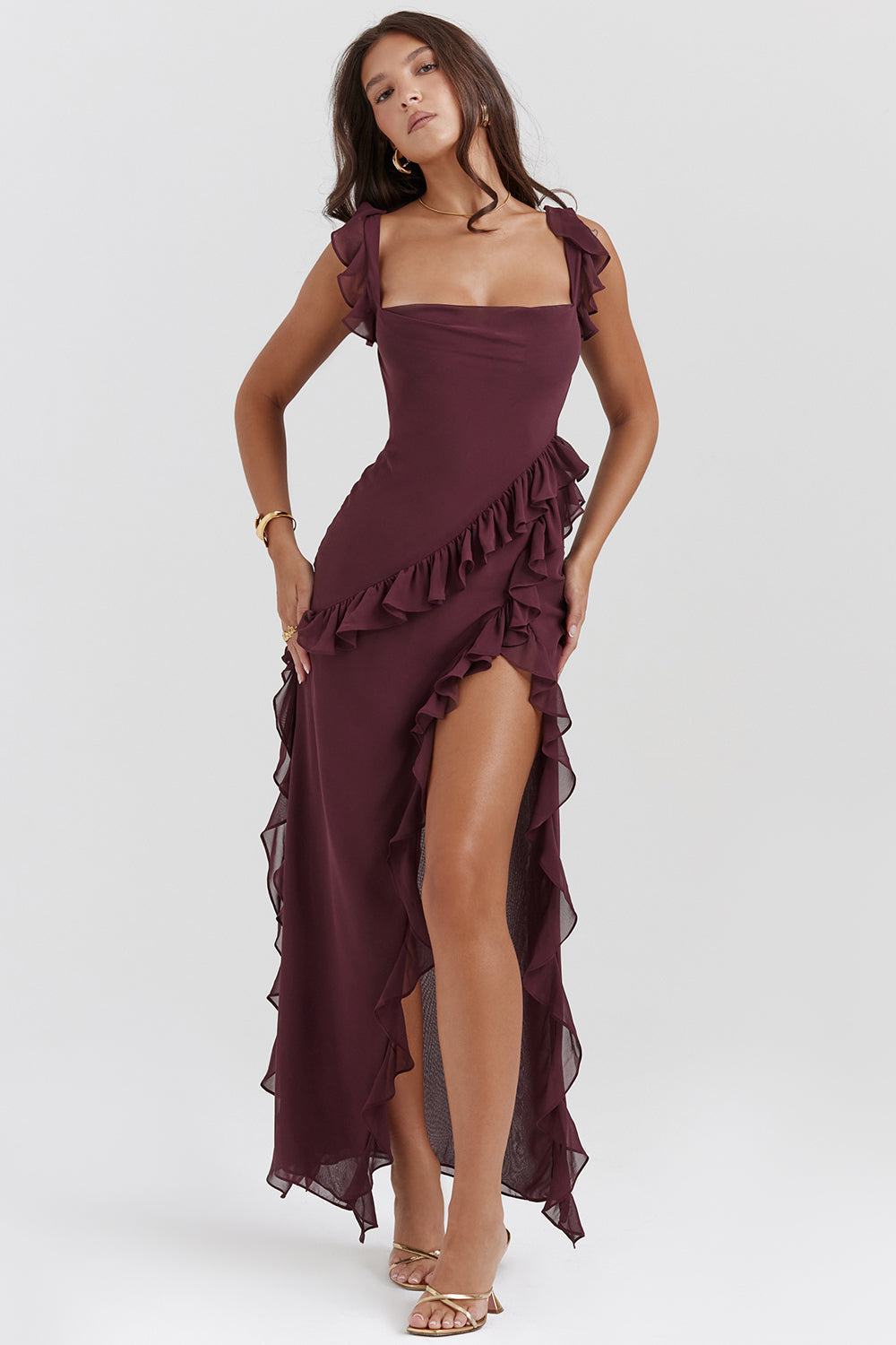 Square Neck Ruffle Strap High Split Asymmetrical Cascade Maxi Dress - View 9