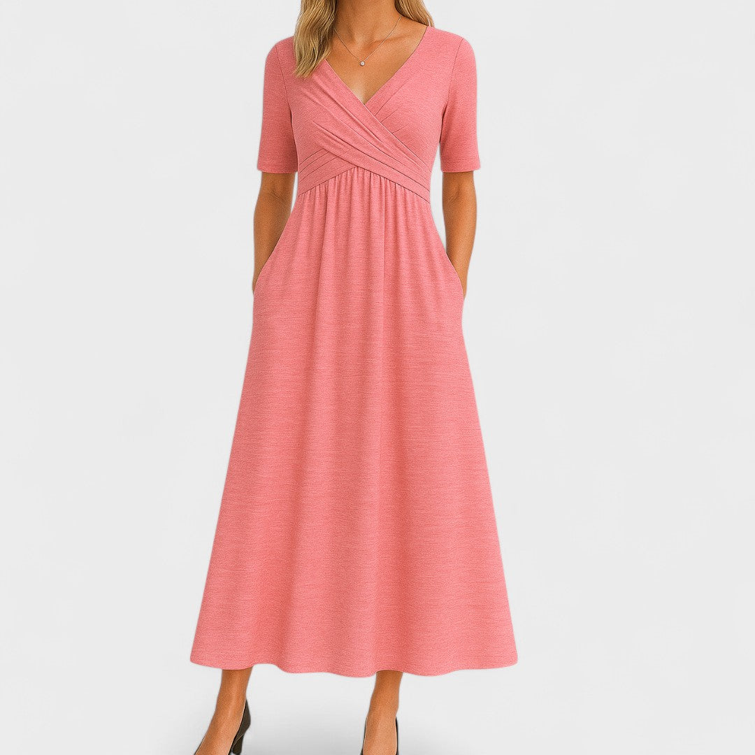 V-Neck Wrap Short Sleeve Pocket Fit and Flare Midi Dress 8