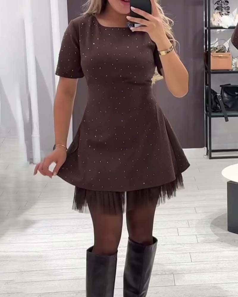 Rhinestone Tulle Hem Short Sleeve Fit and Flare Mini Dress 2