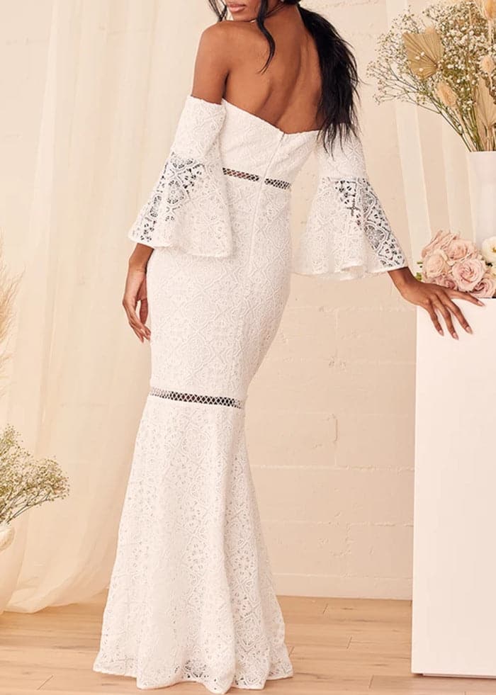 Off Shoulder Lace Bell Sleeve Mermaid Lace Trim Formal Gown - View 2