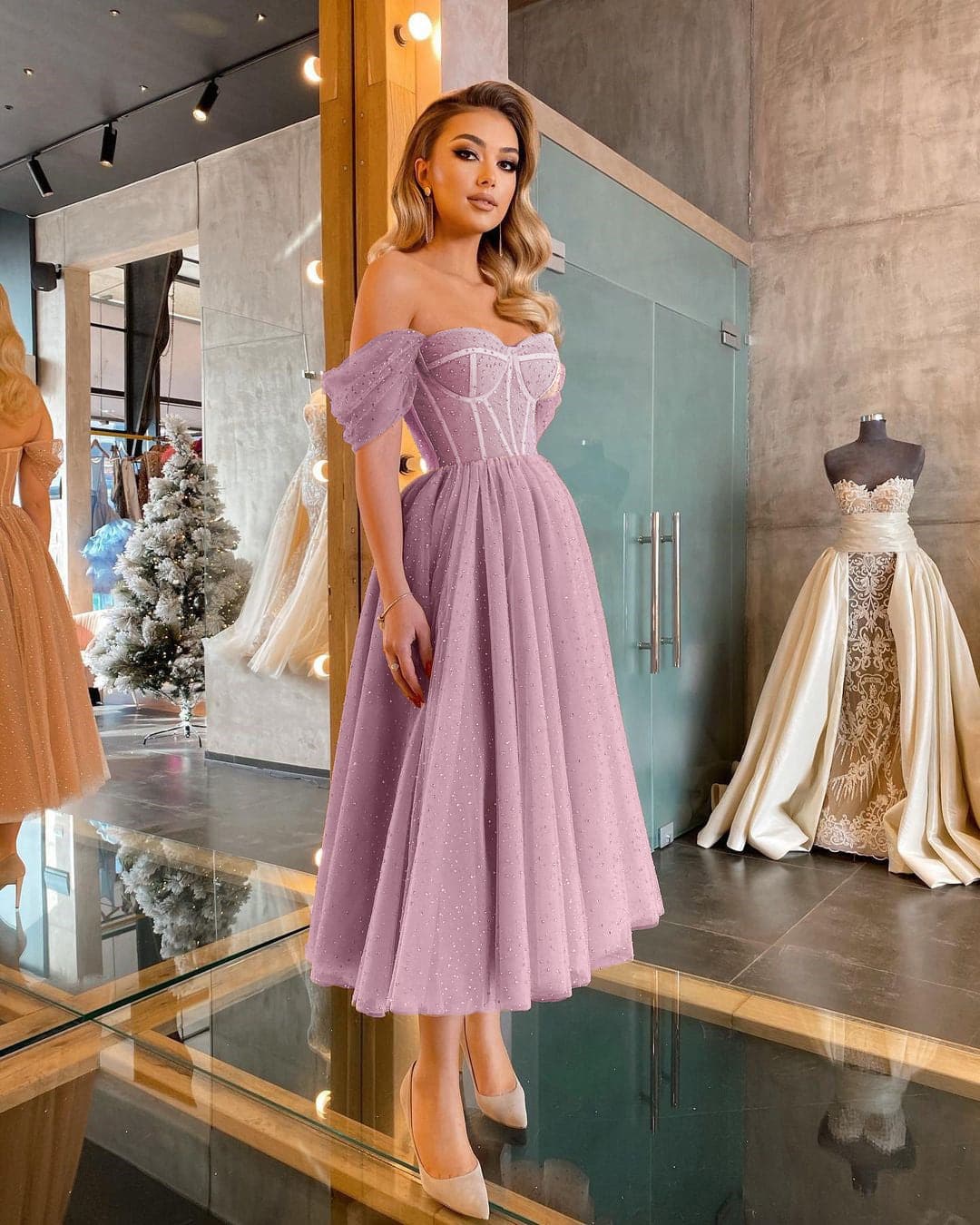 Off Shoulder Sweetheart Corset Beaded Tulle A-Line Gown - View 7