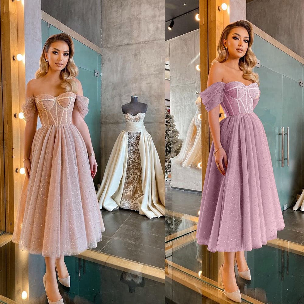 Off Shoulder Sweetheart Corset Beaded Tulle A-Line Gown - View 2