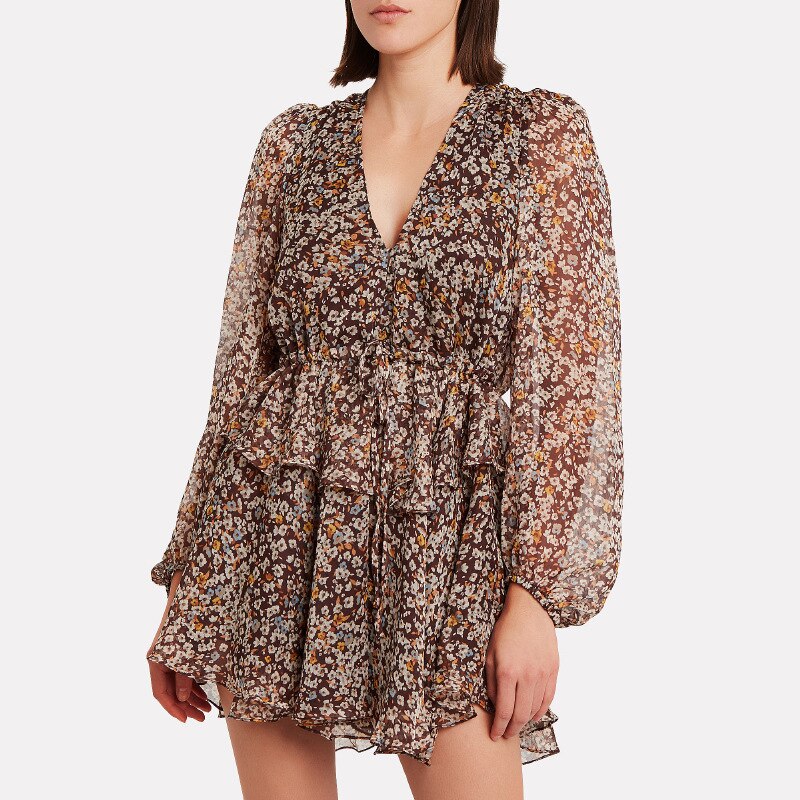 Chiffon Deep V-Neck Long Sleeve Tie Waist Tiered Mini Dress - View 2