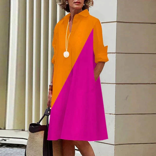 Long Sleeve V-Neck Collar Pocket Shirt Midi Dress