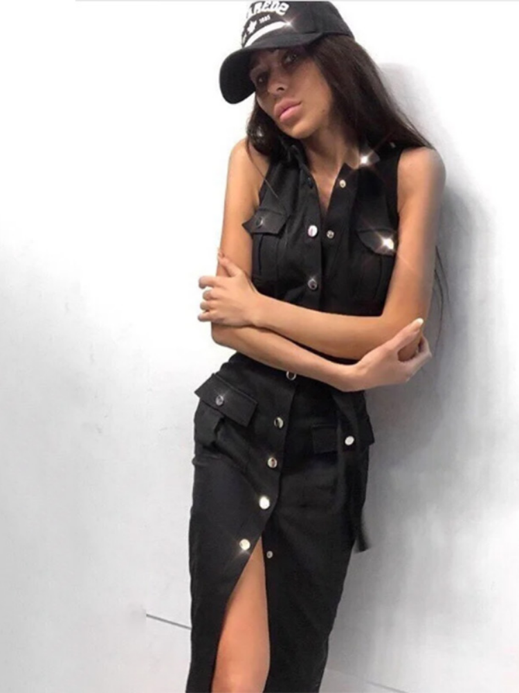 Sleeveless Mandarin Collar Button Front Cargo Pocket Belted Mini Dress - View 5