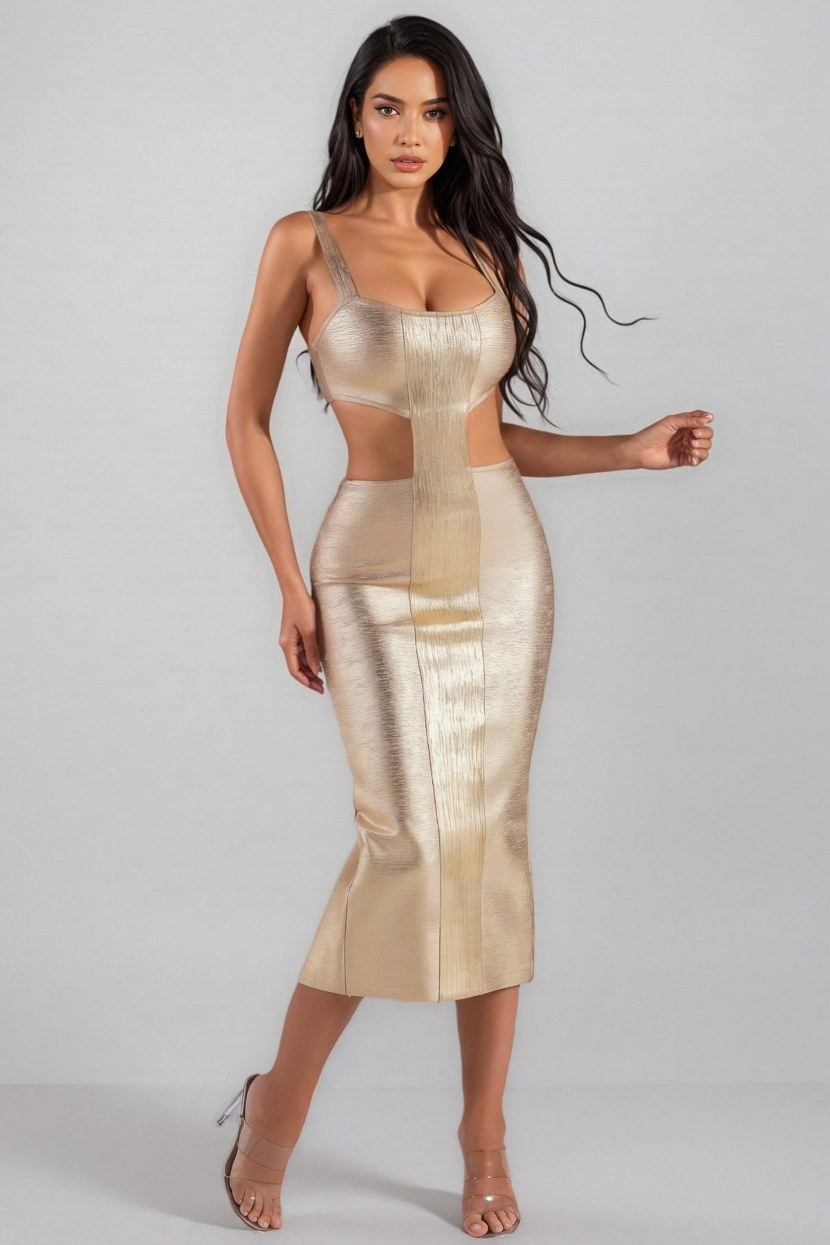 Metallic Square Neck Side Cut Out Twist Panel Bandage Midi Dress - View 6