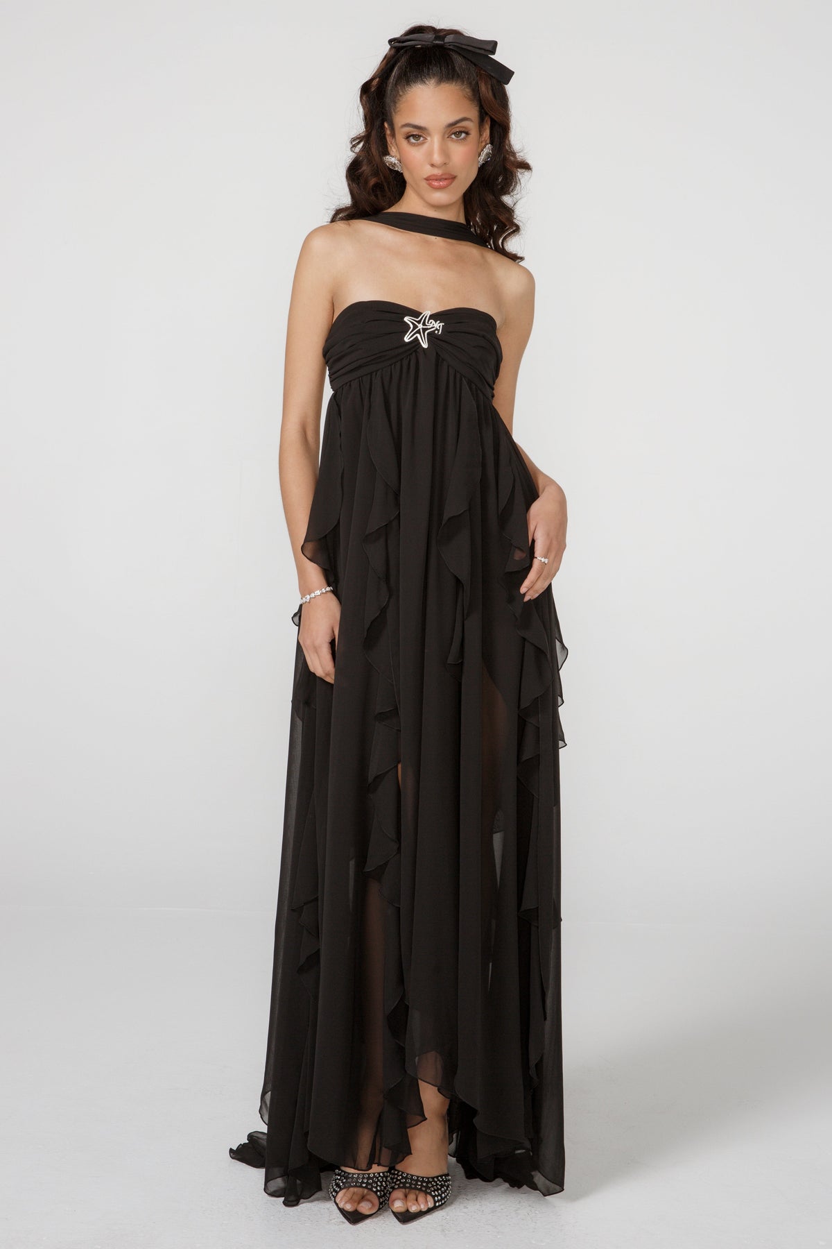 Strapless Ruched Star Embellishment Tiered Ruffle Sheer Maxi Gown - View 6