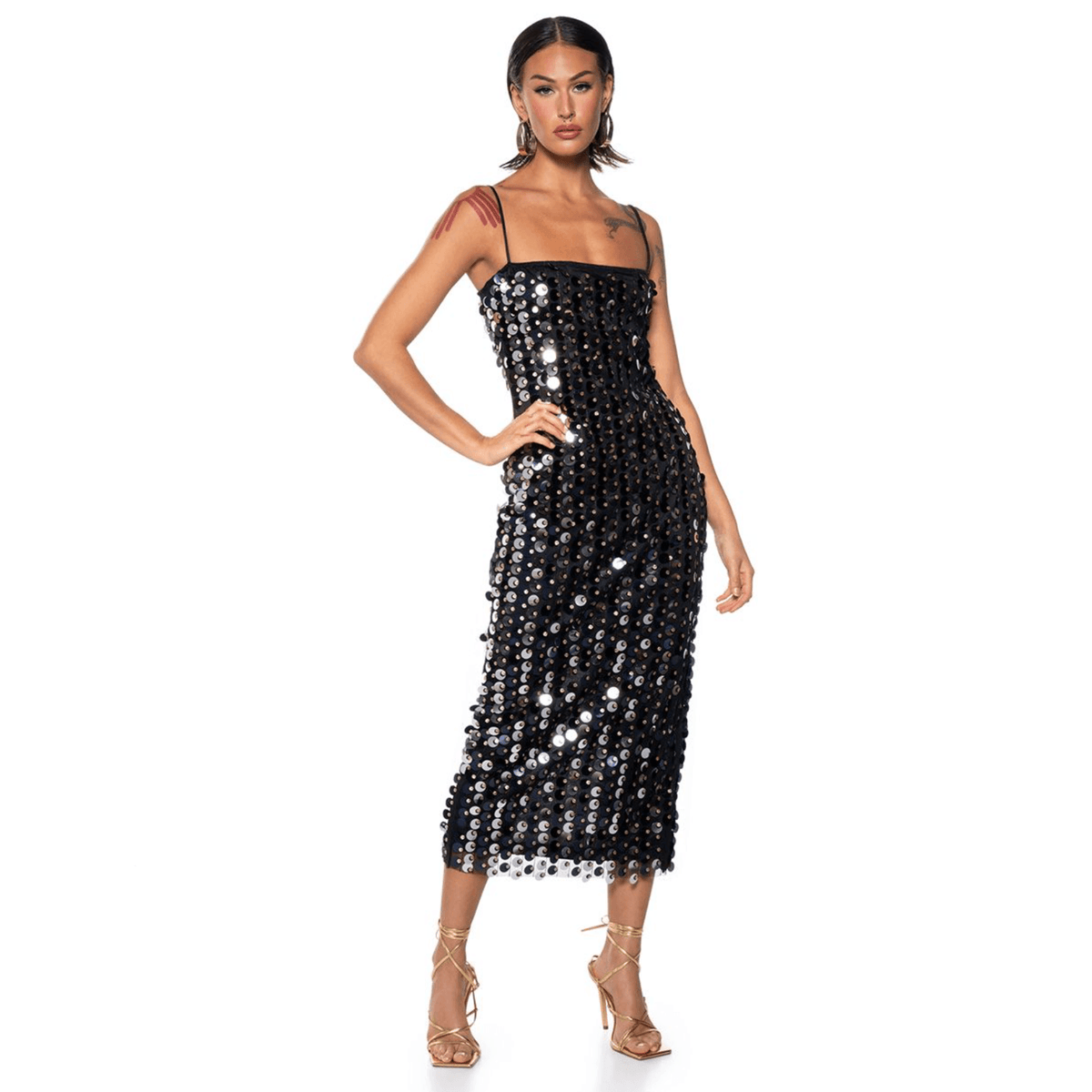Sequin Spaghetti Strap Square Neck Column Midi Dress - View 11