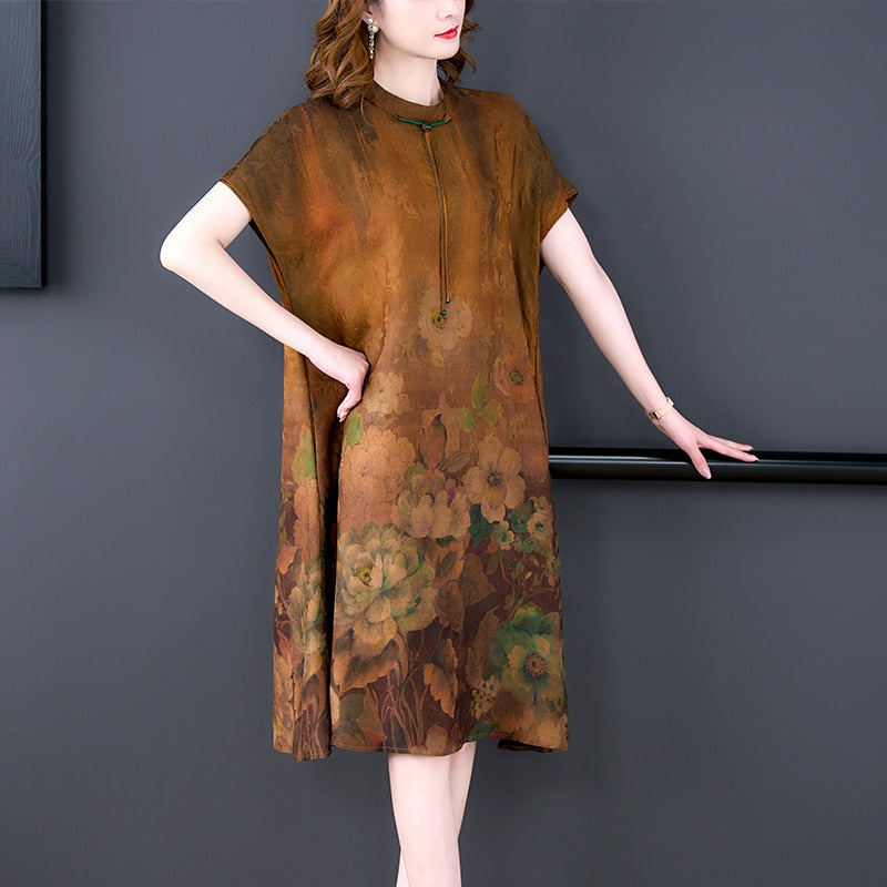 Floral Print Short Sleeve Round Neck Cord Tie Loose Shift Midi Dress - View 2