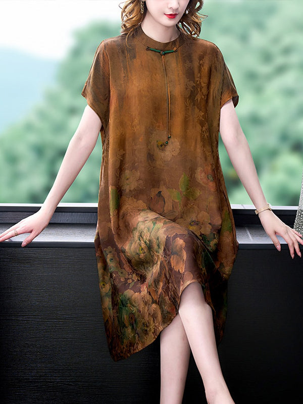 Floral Print Short Sleeve Round Neck Cord Tie Loose Shift Midi Dress
