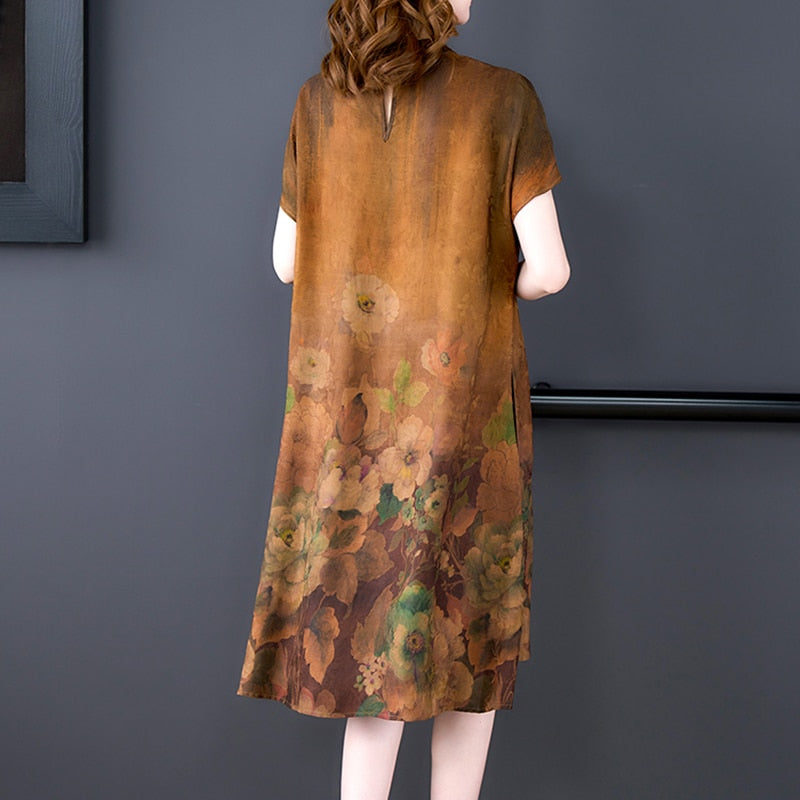 Floral Print Short Sleeve Round Neck Cord Tie Loose Shift Midi Dress - View 5