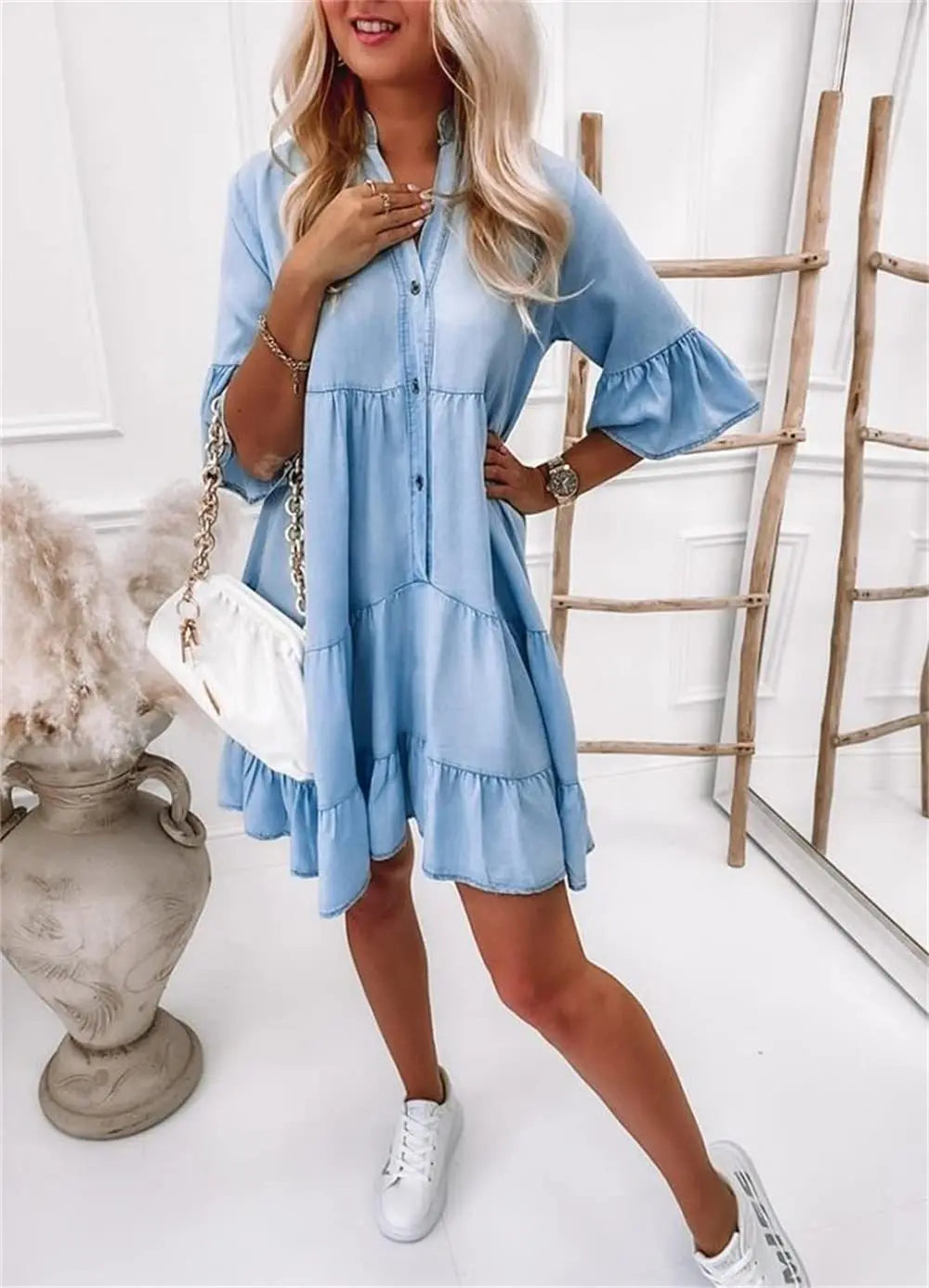 Denim Button Front Flounce Sleeve Tiered Babydoll Mini Dress