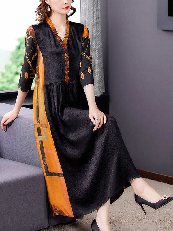 Crinkle Texture V-Neck Ruffle Collar Three Quarter Maxi Dress