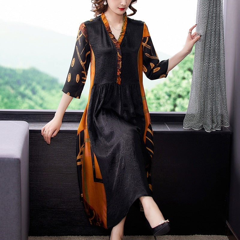 Crinkle Texture V-Neck Ruffle Collar Three Quarter Maxi Dress - View 3