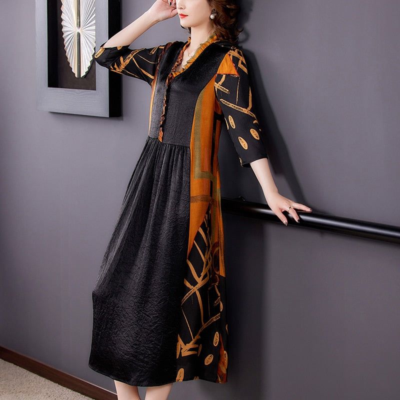 Crinkle Texture V-Neck Ruffle Collar Three Quarter Maxi Dress - View 4