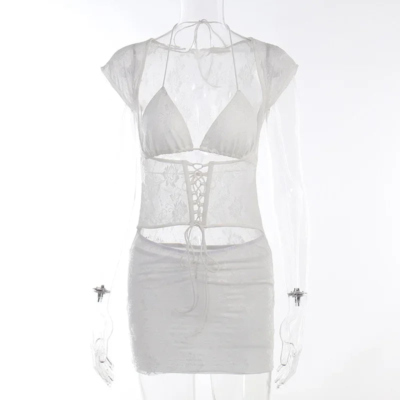 2024 Summer Hollow Out Halter Bandage Lace Dress - View 8